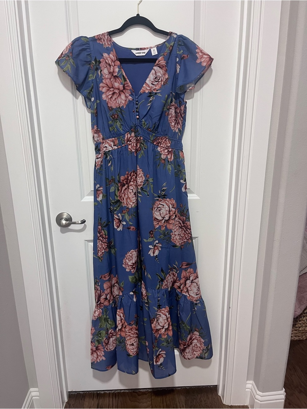 Lands' End Dusty Blue Maxi Dress with Pink Floral Print